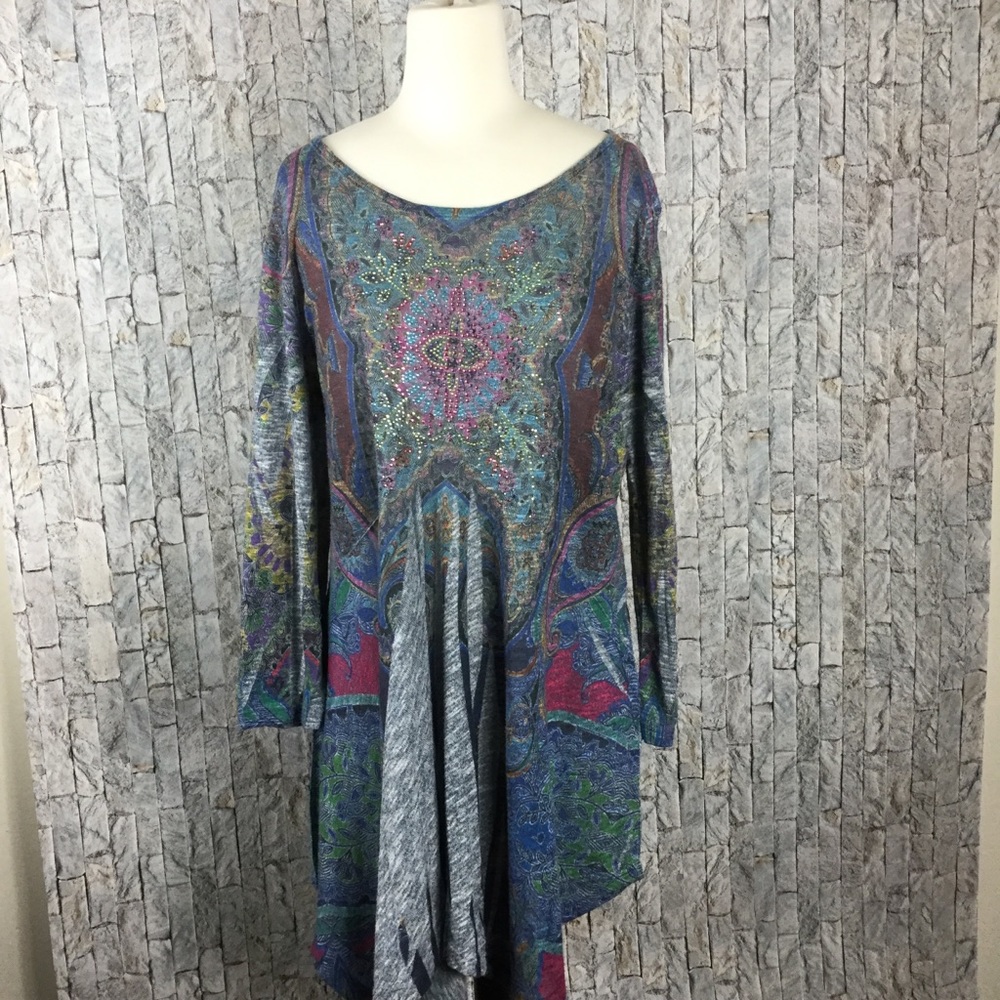 Cactus blue patterned top/tunic dress‎ w/sequins, M